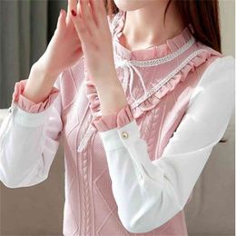 Elegant For Women Chiffon Long Sleeves Slim Patchwork Shirt & Blouse Feminine Bow Stand Tops New Autumn Winter 210323