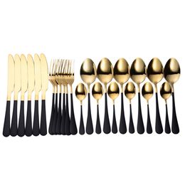 6Sets Tablewellware Cutlery Set 24Pcs Tableware Set Stainless Steel Cutlery Box Forks Knives Spoons Kitchen Dinnerware Set Gold 210317