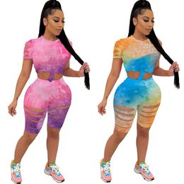 New Summer Women jogger suits plus size tie dye outfits ripped tracksuits short sleeve T shirts+short pants two piece set sportswear casual letters sweatsuits 4903