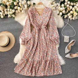 Spring Fashion Women's Sweet Slim Floral Print A-line Dress Lady V Neck Long Sleeve Elegant Clothes Vestidos R023 210527