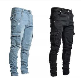Men Jeans Casual Cotton Denim Trousers Multi Pocket Cargo Pants Mens Fashion Pencil Pant Side Pockets For Male