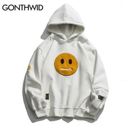 GONTHWID Hoodies Streetwear Hip Hop Zipper Pocket Smile Face Patchwork Hooded Sweatshirts Harajuku Casual Pullover Tops 211229