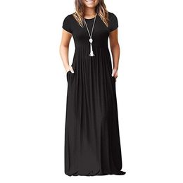 GULE Women's Short Sleeve Solid Maxi Long Dresses with Pockets 210325