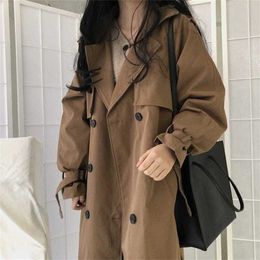Women's Windbreaker Chic Vintage Brown Trench Coat Casual Long Lapel Double Breasted Sashes Loose Ladies Coats 220114