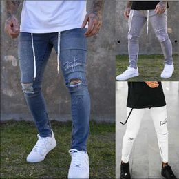 Männer Einfarbig Mode Enge Jeans Sexy Casual Loch Zerrissene Design Streetwear Sticken Bleistift Hosen Männer Knöchel Zipper Dünne Jeans x0621