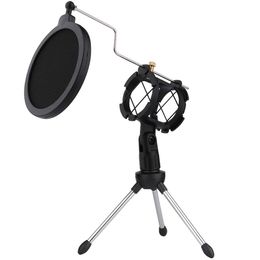 Desktop Microphone Tripod Stand Shock Mount Desk Mic Holder with Pop Philtre Net for Podcast Chatting