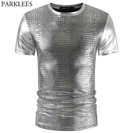 Sliver Coated Metallic Nightclub T Shirt Men Sexy Snake Pattern Mens Tshirts Party Prom Stage Clothing Male Tee Shirt Homme 210522