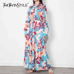 Print Drawstring Spring Dress For Women Lapel Long Sleeve High Waist Hit Colour Dresses Female Fashion Clothing 210520