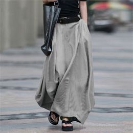 Summer Long Skirt Women Plus Size 5XL Vintage Elastic High Waist Split Hem Pockets Soft Loose Solid A-Line Skirts Femle 210619