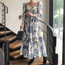 SHENGPLLAE Korean Chic Flower Square Collar Slimming Loose Knee-length Long Sleeve Mid-calf Dress Spring Fashion ZT877 210427