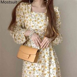 Floral Printed Chiffon Women Long Dress Full Sleeve Square Collar A-line Midi Dresses Korean Elegant Vintage Female Vestido 210513