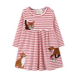 Jumping Metres Autumn Stripe Embroidery Cat Flower Long Sleeve Girls Clothes Round neck Children Cute Casual Dresses 2-7years G1215