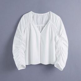 Summer Women Pleated Design Three Quarter Sleeve Short Blouse Female V Neck Smock Shirt Casual Lady Loose Tops Blusas S8800 210430