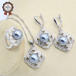 Grey Pearl Silver Colour Wedding Jewellery Set for Women Earring Necklace Pendant Ring Birthday Gift H1022