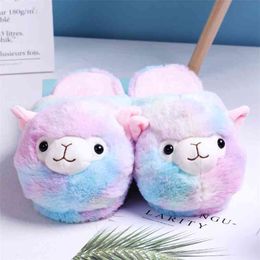 Cute Cartoon Alpaca Home Women Fur Slippers Winter Warm Plush Parent-child Floor Slides House Flat Bedroom Furry Slippes 210619