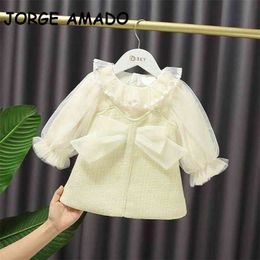 Autumn Korean Style Girl Dress Lotus Leaf Collar Big Bow Bubble Sleeve Princess Kids Clothes 1-5T E203104 210610