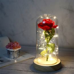 LED Rose in Glass Dome Eternal Rose Artificial Flowers for Home Wedding Valentine Gift Beauty and Beast In Glass Cover 210317