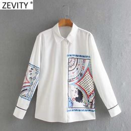 Zevity Women Fashion Position Girl Print White Smock Blouse Office Lady Long Sleeve Business Shirts Chic Blusas Tops LS7526 210603