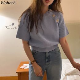Summer Short Sleeve Button Pullover Women Sweater Knitted Sweaters Thin Tops Korean Jumper Female All Match Top 210519