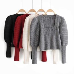 Women Knit Sweater Puff Sleeves Square-Neck 4 Colors Chic Knitted Top Pullover Tops femme vetement ropa mujer 210709