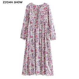 Holiday Bandage Lacing up V Collar Contrast Colour Floral Print Dress Ethnic Woman Long Sleeve Maxi Bohemian Dresses Beach 210429