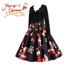 Vintage Christmas Dress Women Winter Casual Long Sleeve V Neck Sexy New Year Party Dresses Big Swing Female Elegant Dress Robe 210422