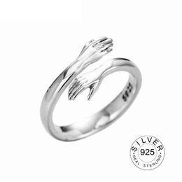 Hands Hug Shaped Resizable 925 Sterling Silver Gold Ring Gift for Women Fine Jewellery Open Adjustable Loop Antique Rings Kofo