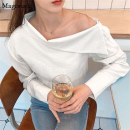 Fashion Sexy Skew Collar White Blouse Women Long Sleeve Pullover Tops For Casual Office Lady Solid Shirt 11242 210512