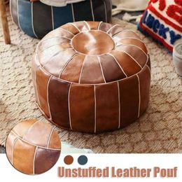 1Pcs Moroccan PU Leather Pouffe Embroider Craft Hassock Ottoman Footstool Round Large 50*35cm Artificial Leather Unstuffed Cushion 211215