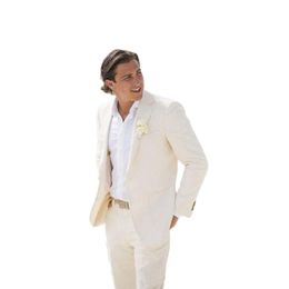 Summer Beach Ivory Linen Men Suits For Wedding Tuxedo Groom Wear Bridegroom Slim Fit Casual Best Man Blazer