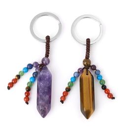 Natural Stone Pendant Keychain 7 Chakras Hexagonal Bullet Crystals Handmade Key ring for Car Backpack Yoga Reiki Gift