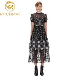 Self Portrait Vantage Dress Summer Design Black Mesh Embroidered Flowers Midi O-Neck Short Sleeve For Women 210506