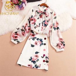 Women Summer Pink Rose Printed 2 Piece Set Sweet Bow Collar Long Sleeve Chiffon Shirt Top + Colorful Button Skirt 211106