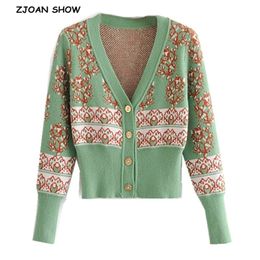 France Green Jacquard Flower Slim V neck Cardigans Women Sweater Retro Buttons Long sleeve Knitting Tops Vintage 210429