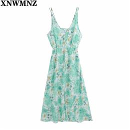 Women Sexy Deep V Neck Green Floral Print Sling Dress Female Elastic Waist Boho Vestido Chic Casual Summer Dresses 210520