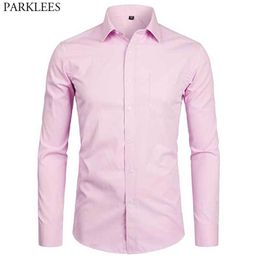 Brand Pink Mens Dress Shirts Fashion Slim Fit Long Sleeve Shirt for Men Chemise Top Quality Cotton Casual Shirt with Pocket 210522