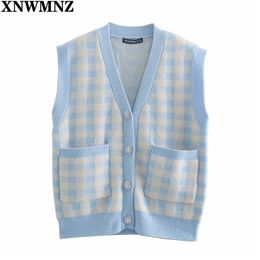 Women y2k Fashion Oversized Cheque Knitted Vest Sweater Vintage V Neck Button Female Waistcoat Chic Tops 210520