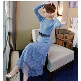 Long Sweater Skirt Autumn And Winter Temperament French Retro Waist Was Thin Cold Bottoming Knitted Women 210427