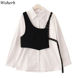 Two Piece Set Women Loose White Shirts Chic Irregular Vest Tops Femme Roupas Korean Fashion Suit 2 4l092 210519