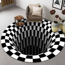 3d optical illusions UK - Carpets 3D Vortex Illusion Black White Round Carpet Areas Rug Non-slip Floor Mat Abstract Geometric Optical Living Bathroom Door Pad