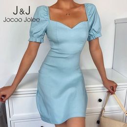 Jocoo Jolee Elegant Summer Puff Sleeve V Neck Mini Dress French Vintage A Line Dress Sexy Evening Party Dress Office Lady Cloth 210518