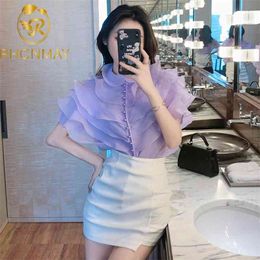 European Summer Women Layer Ruffles Solid Top Fashion Female Short Sleeve Patchwork Elegant Perspective Chic Blouses Shirts 210506
