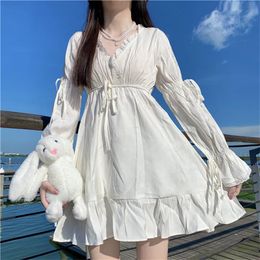 Casual Dresses Japanese Sweet Soft Girly Kawaii Preppy Style White Women Flared Sleeve Thin Ruffle Bandage V-Neck Mini Vestidos