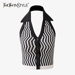 Black Striped Vest For Women Halter Sleeveless Backless Sexy Slim Knitted Tank Tops Female Summer Fashion 210524