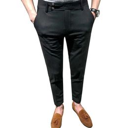 2019 Men Dress Pant Plaid Business Casual Slim fit Ankle Length Korean slim casual pants Classic Suit Trousers Y0811