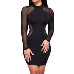 Casual Dresses SALE Women Mesh Sheer Patchwork Party Club Dress Fashion Summer Long Sleeve Turtleneck Slim Clothes Sexy Bodycon Short Vestid