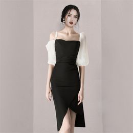 korean spring and simmer style bubble sleeve fashion thin sexy chest wrapping irregularity office party for women dresses 210602