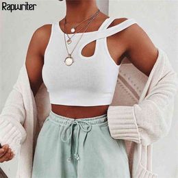 Asymmetrisal Strap Sleeveless Summer Crop Top Womens Cotton Tank Bandage Hollow Out Streetwear Fitness Vest White 210510