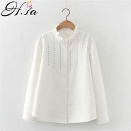 HSA Spring Blouse Officewomen Casual White Tops Embroidery OL Formal Hollow out Patchwork 210430
