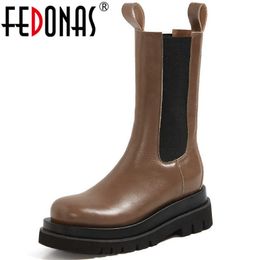 Retro Mid-Calf Boots Elastic Band Genuine Leather Female Winter Shoes Woman Heels est Working Basic 210528